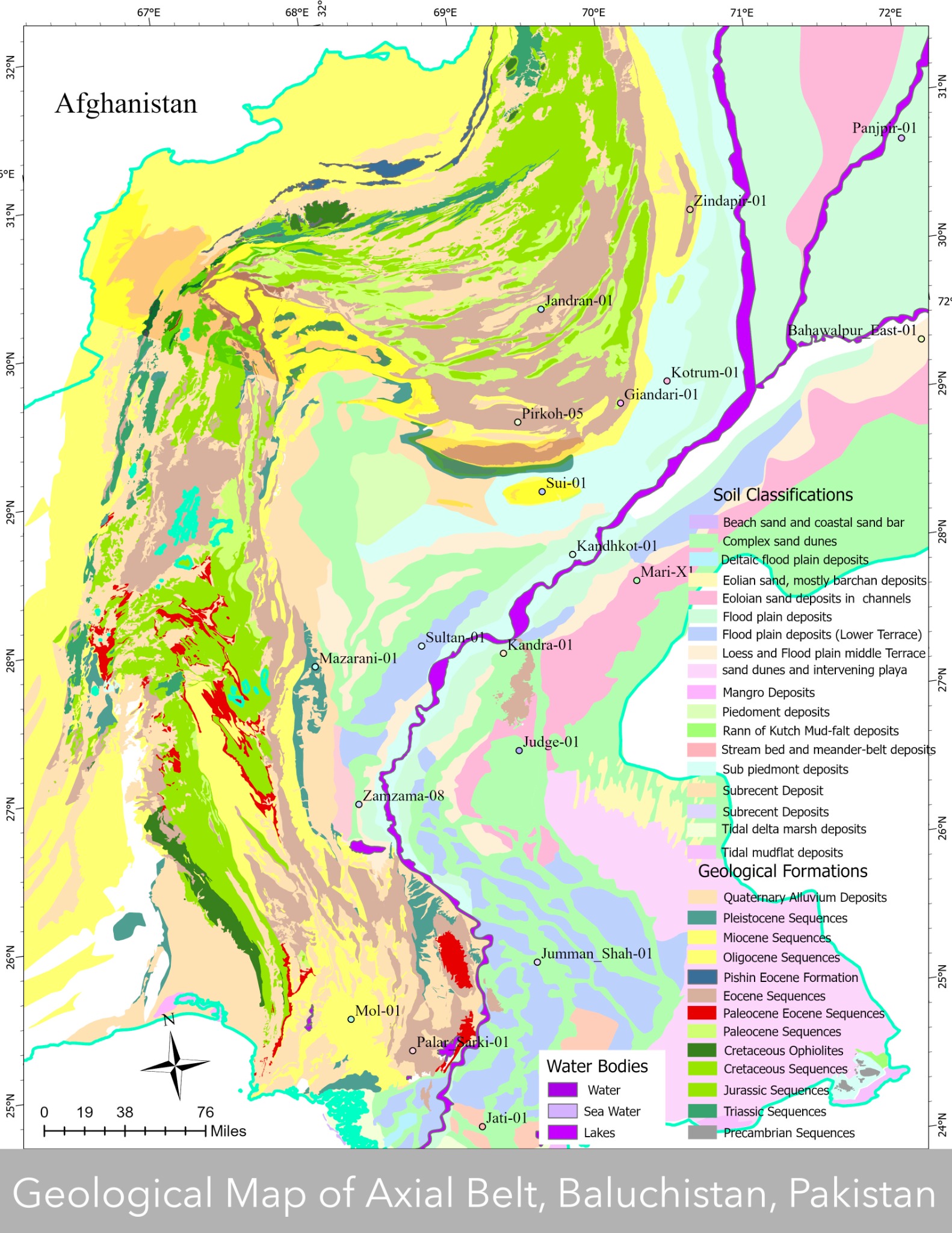 Geological map of the axial belt in Balochistan and the adjacent Indus Basin, showing geological units, soil classifications, water bodies, and selected well locations